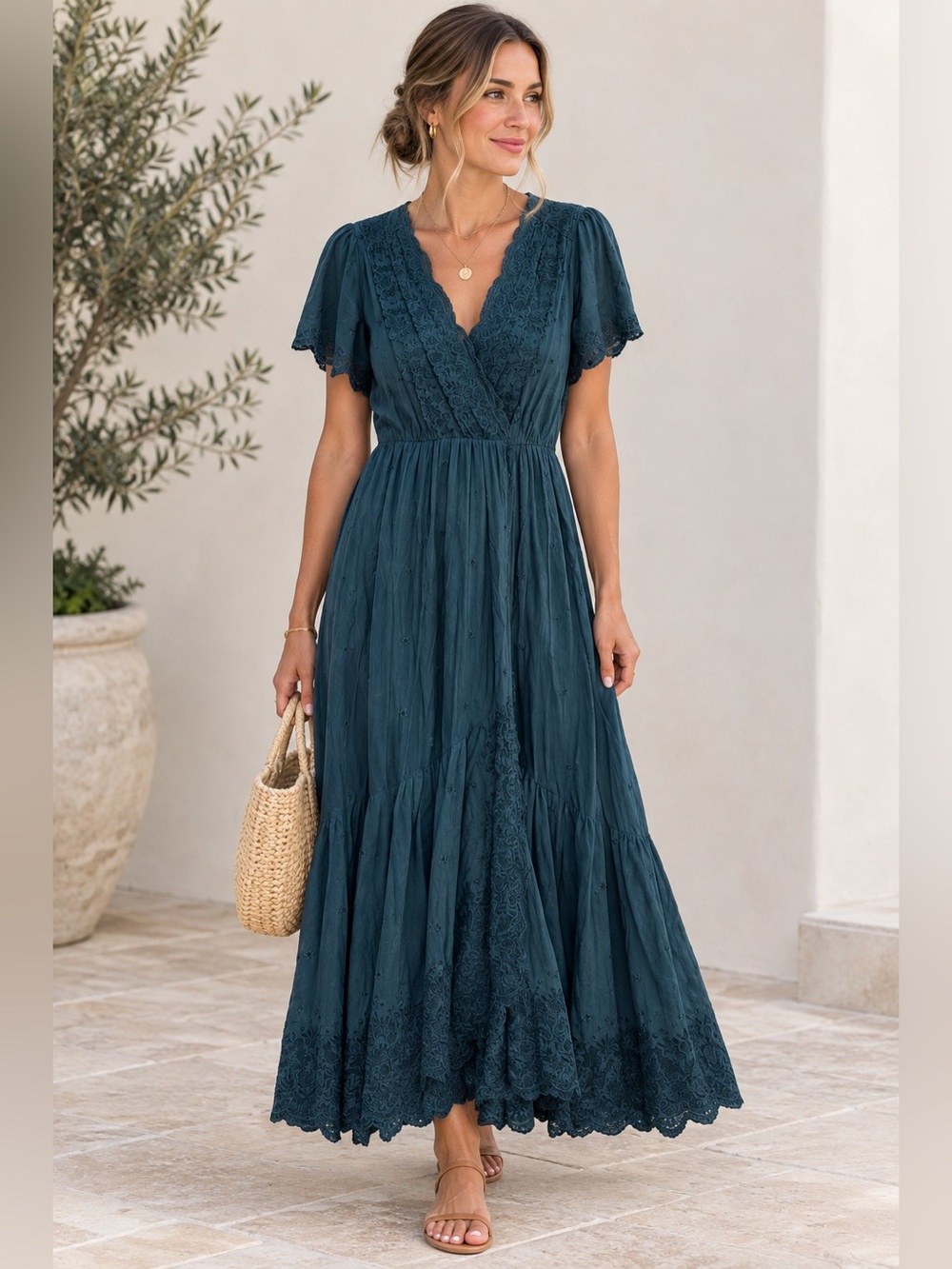 Guadalupe Design Women's Teal Lace-Trim Midi  Faux Wrap Dress Size Small